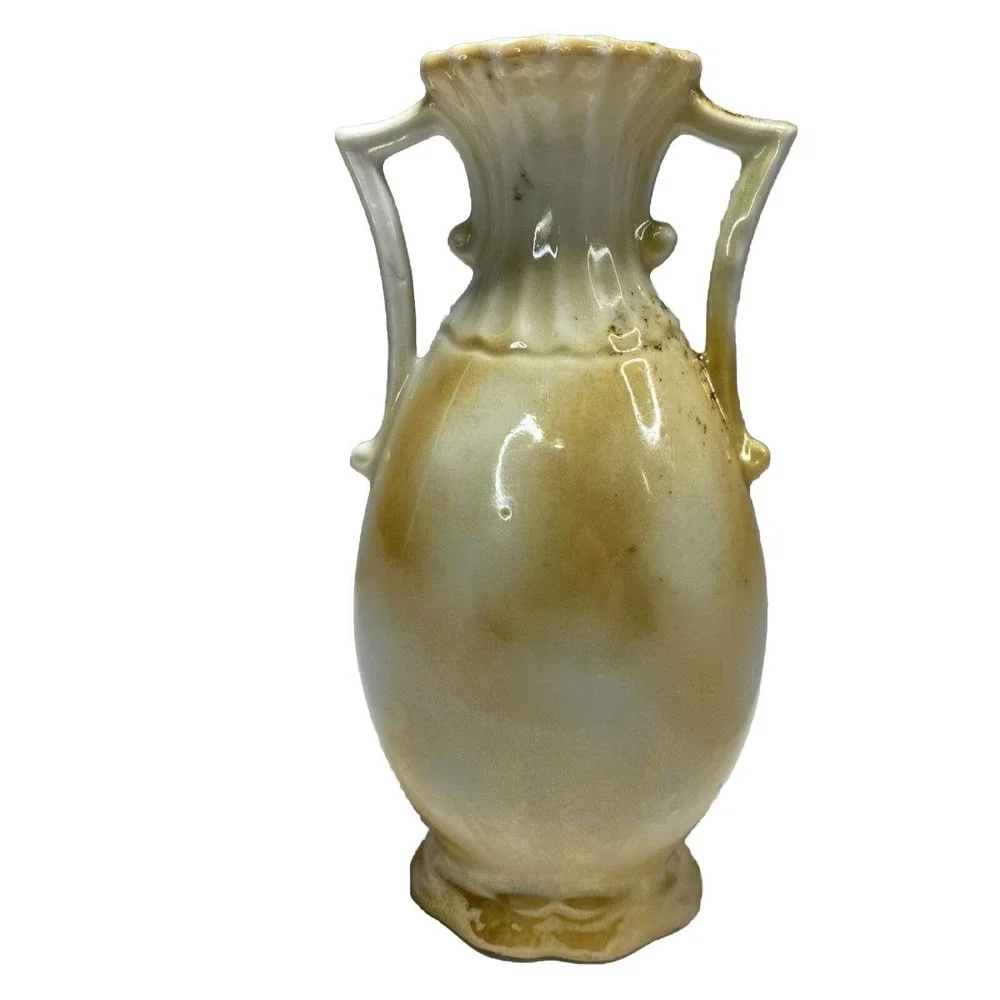 Antique Small Iridescent Two Handled Vase Raised Fruits Leaves Gold G.H. Mumm Co